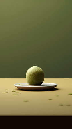 Green kiwi on a white plate on a wooden table. 3d renderingの素材