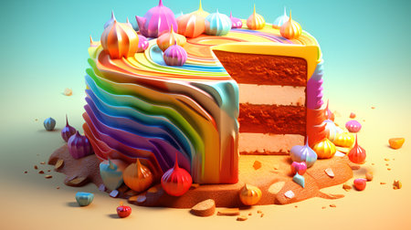 Birthday cake with rainbow icing and candles. 3D illustration.の素材