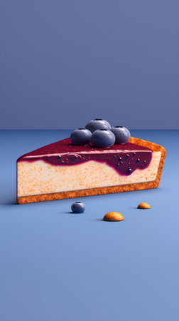 Piece of blueberry cheesecake on blue background. 3d illustrationの素材