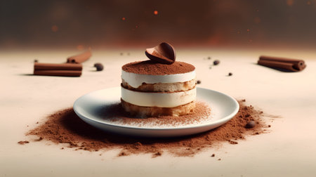 Tiramisu cake on a plate with cocoa powder and cinnamonの素材