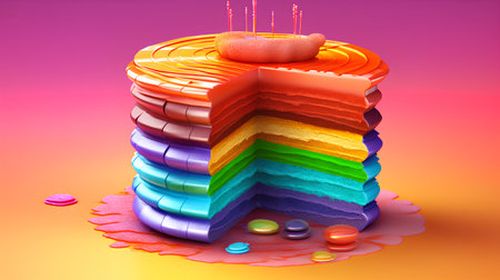 3d rendering of a stack of rainbow colored blocks on a colorful backgroundの素材