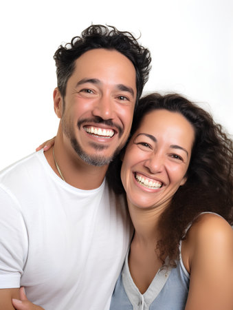 Portrait of a happy mixed race couple embracing each other on white backgroundの素材