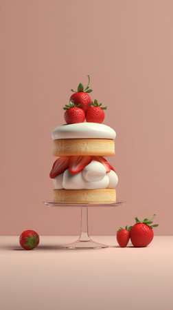 3d rendering of cake with cream and strawberries on a stand.の素材