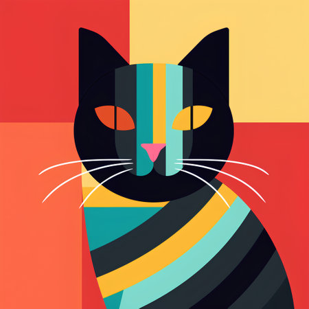 Cute black cat with colorful striped scarf. Vector illustration in flat styleの素材