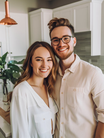 Beautiful young couple is smiling and looking at camera while standing in kitchen at homeの素材