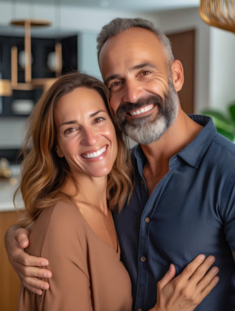 Portrait of happy mature couple looking at camera and smiling while standing in kitchen at homeの素材