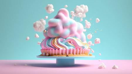 3d rendering of a birthday cupcake with a pink and blue cream on top, 3d illustrationの素材