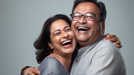 Portrait of a happy Indian couple laughing and hugging while standing against grey backgroundの素材