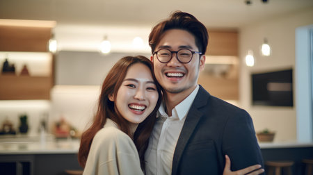 Happy asian couple standing in the kitchen at home. Smiling asian man and womanの素材