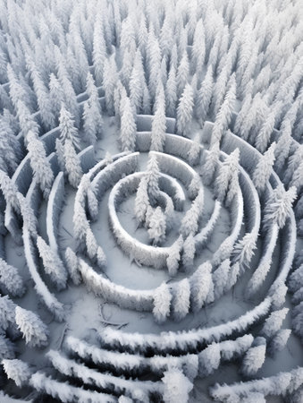 Aerial view of winter forest with fir trees covered with snow.の素材