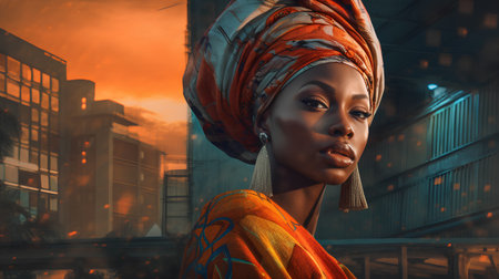 Beautiful african woman in a headscarf in the cityの素材