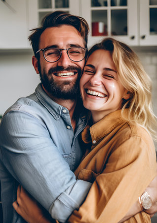 Portrait of happy young couple hugging and looking at camera while standing at homeの素材