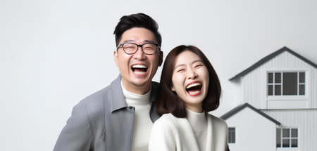 Happy asian couple in front of their new house with white backgroundの素材