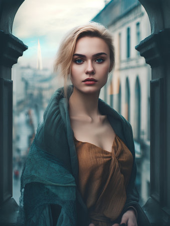 Fashion portrait of young beautiful woman with blond hair and brown coatの素材