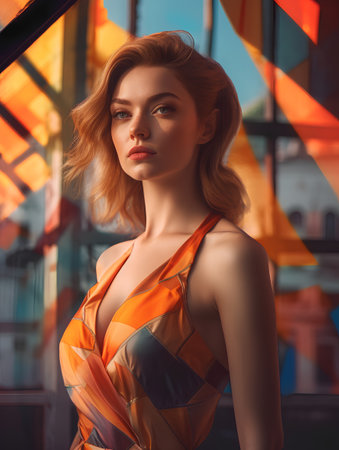 Portrait of a beautiful blonde girl in an orange dress. Fashion photo.の素材