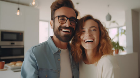 Happy young couple looking at camera and smiling while standing in kitchen at homeの素材