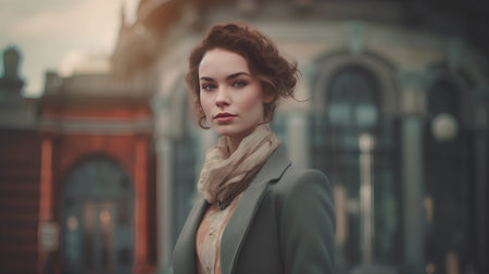 Portrait of a beautiful young woman in a coat on the streetの素材