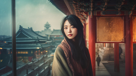 Beautiful asian woman standing in front of a window in a templeの素材