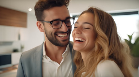 Beautiful young couple in love smiling and hugging at home. Focus on man in glassesの素材