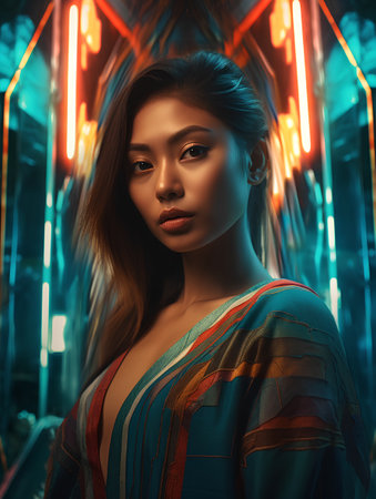 Fashion shot of a beautiful asian woman in neon light.の素材
