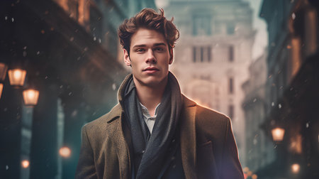 Portrait of a handsome young man in a coat and scarf.の素材