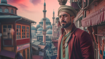 Portrait of a bearded Indian man in a red coat and turban on the background of a mosque.の素材