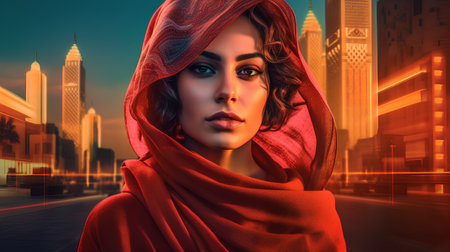 Beautiful young woman in a red shawl on the background of the city.の素材