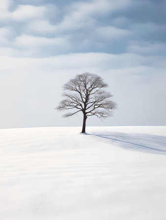 Lonely tree on a snowy field in winter, 3d renderの素材