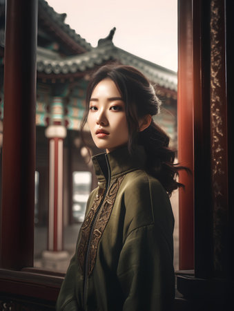 Beautiful asian woman in traditional chinese costume at the templeの素材