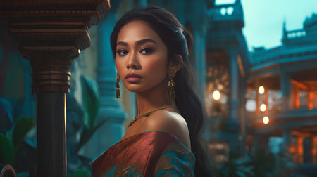 Fashion shot of a beautiful asian woman in indian dress.の素材