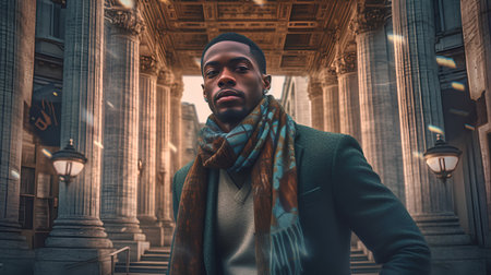 Handsome african american man wearing coat and scarf in the city.の素材