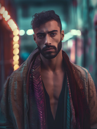 Portrait of a handsome Indian man in the city at night.の素材