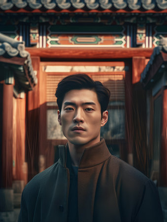 Portrait of a handsome Asian man in a coat in the templeの素材