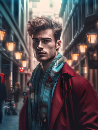 Portrait of a handsome young man in a red coat. Men's beauty, fashion.の素材
