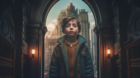 Portrait of a cute little boy in a coat on a background of a big city.の素材