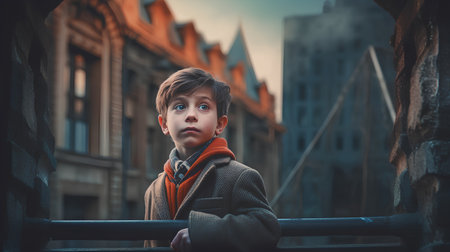 Portrait of a boy on the background of the old city.の素材