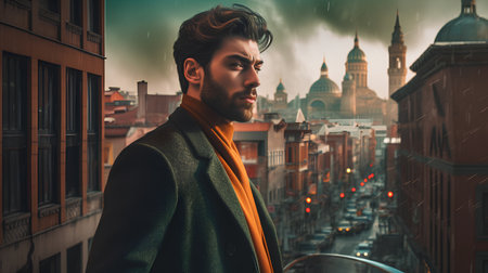 Portrait of a handsome young man in a coat on the background of the city.の素材