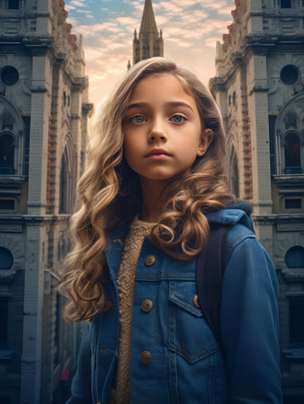 Portrait of a beautiful little girl with long curly hair in a blue coat on the background of the city.の素材