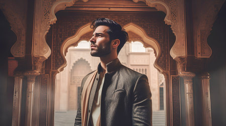 Portrait of a handsome Indian man at the mausoleum.の素材