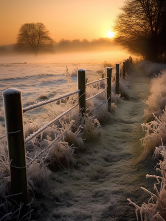 Frosted fence at sunrise in winter, England, UK.の素材