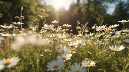 white daisies on a green meadow in the rays of the setting sunの素材
