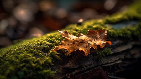 Autumn oak leaf on a mossy log in the forest.の素材