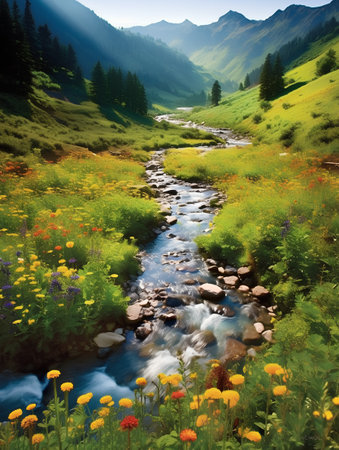Mountain river in the mountains. Summer landscape with wildflowersの素材