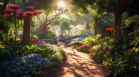 Beautiful flower garden in the morning with sun light and fog.の素材