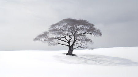 Winter landscape with a lonely tree in the snow (3d render)の素材