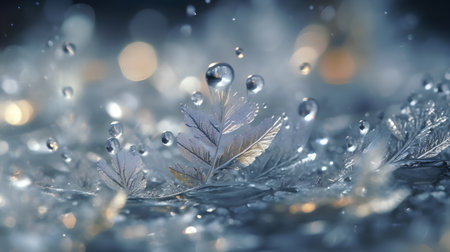 Silver snowflakes with water drops on bokeh background.の素材