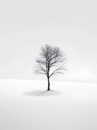 3d render of tree in white winter landscape with shadow on groundの素材