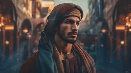 Portrait of a handsome young man with a shawl on his head standing in the city.の素材