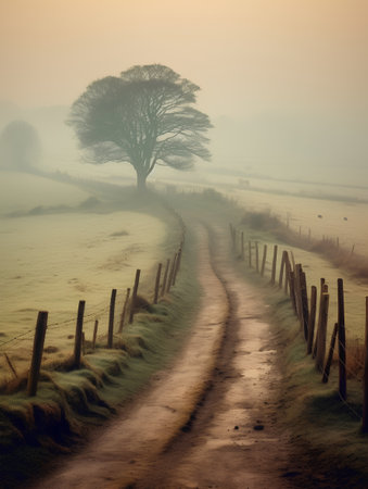 Country road leading to a tree in a foggy landscape in winterの素材