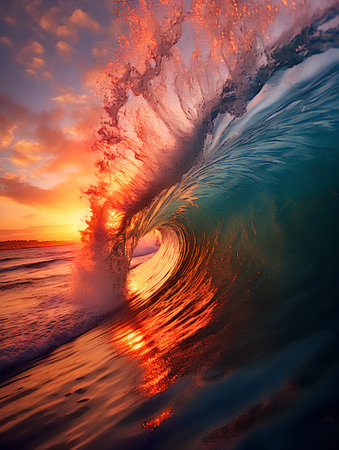 Surfing ocean wave at sunset. Beautiful natural background with splashesの素材